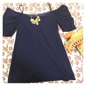 Navy, off-the-shoulder flowy dress